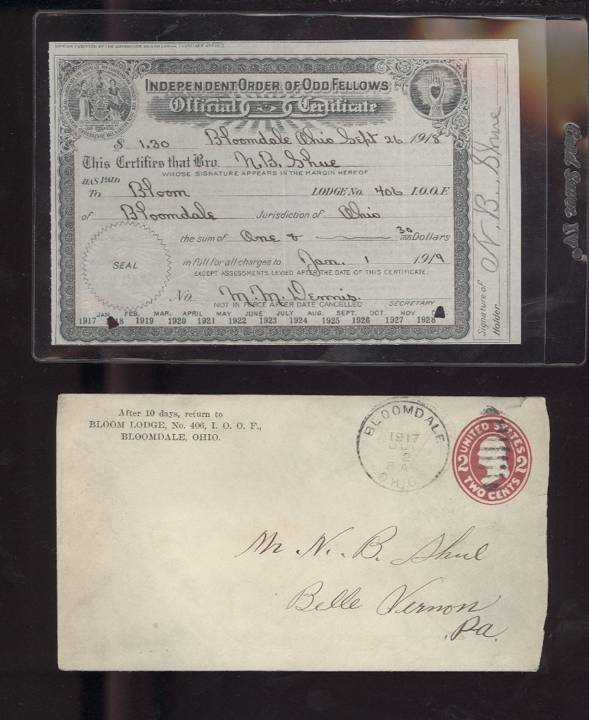 1918 Independent Order of ODD FELLOWS Official Certificate Bloomdale Ohio NR/MT