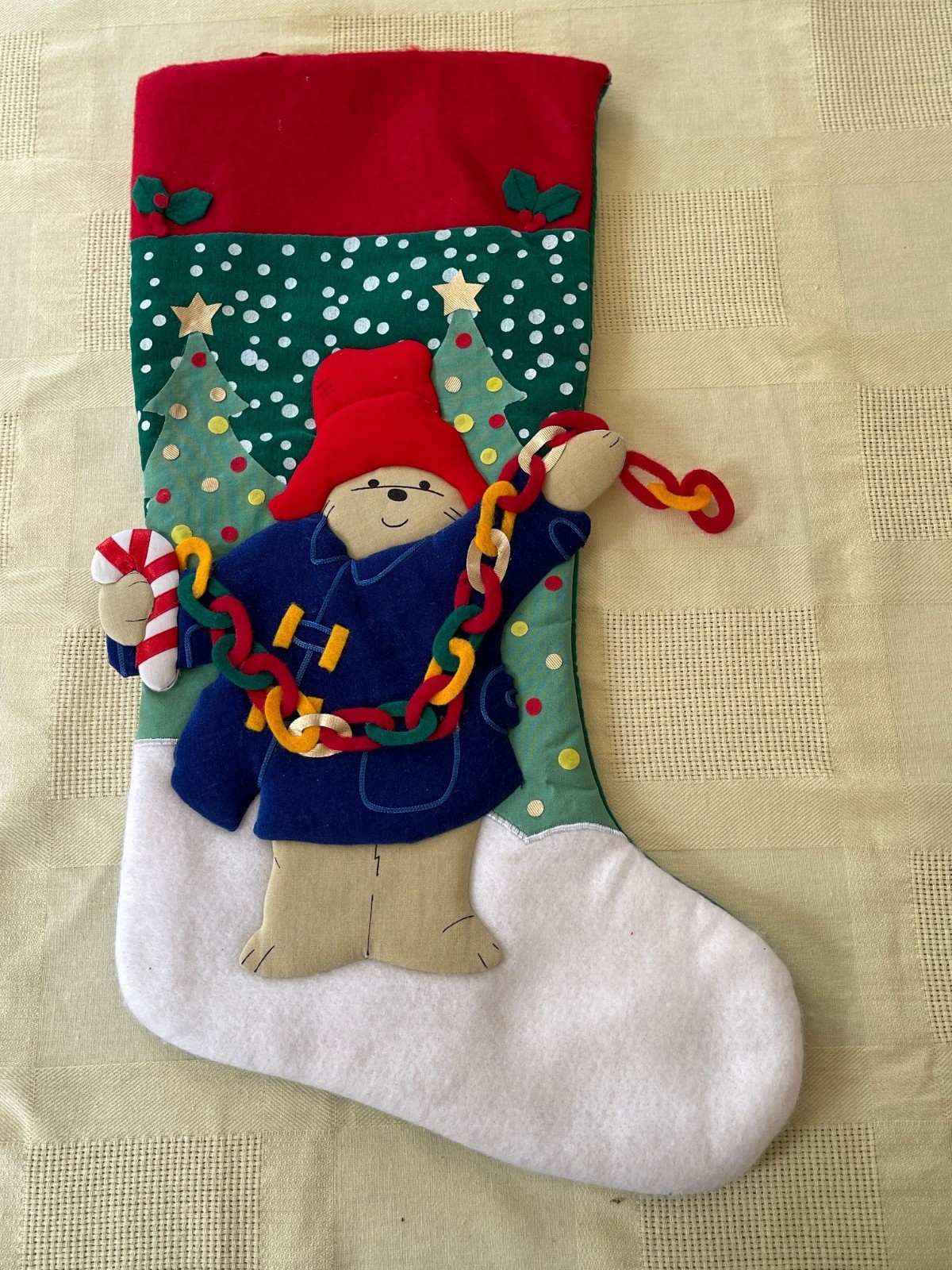 Paddington Bear fabric Christmas Stocking rare good condition  17.75