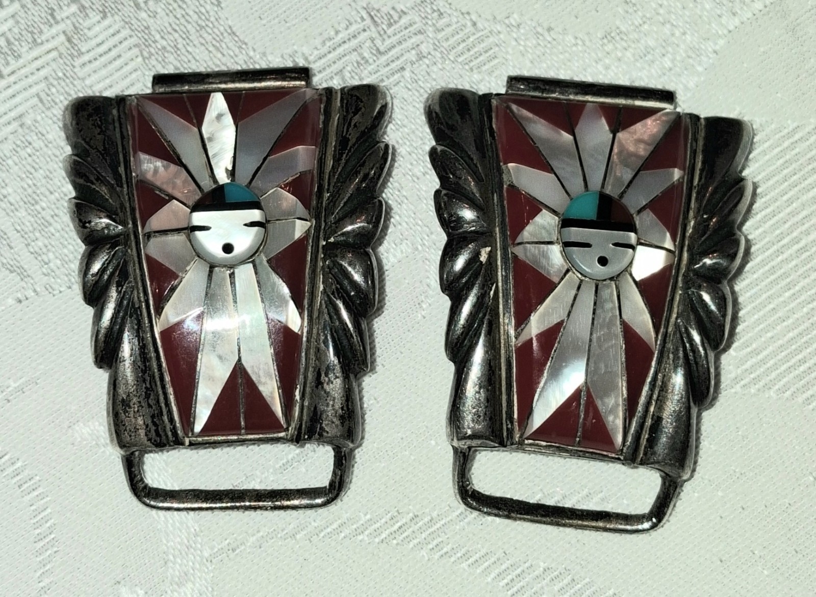 Zuni Sunface Deity feather design Watch Tips Silver Coral Turquoise MOP 44Gms