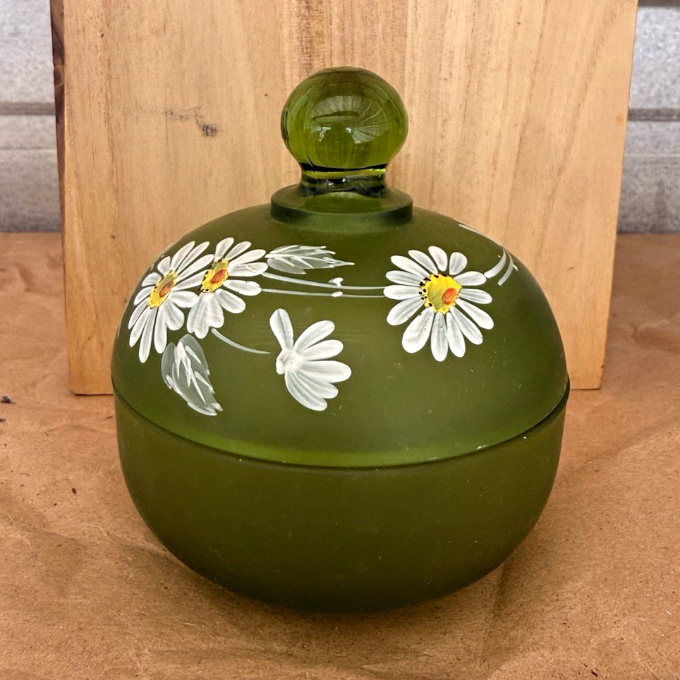 Vintage Westmoreland Green Satin Glass Hand Painted Daisies Lidded Candy Dish
