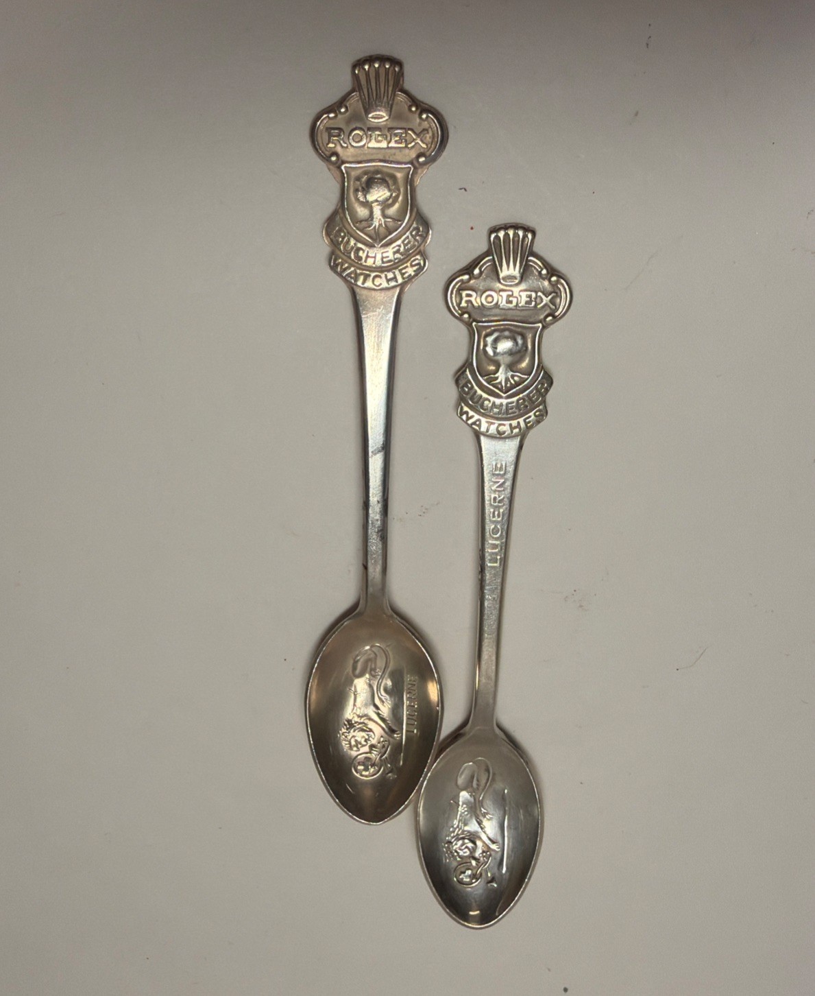 Vintage Pair Of Rolex Bucherer Lucerne Silver Plated Souvenir Spoons W/ Lions 4”
