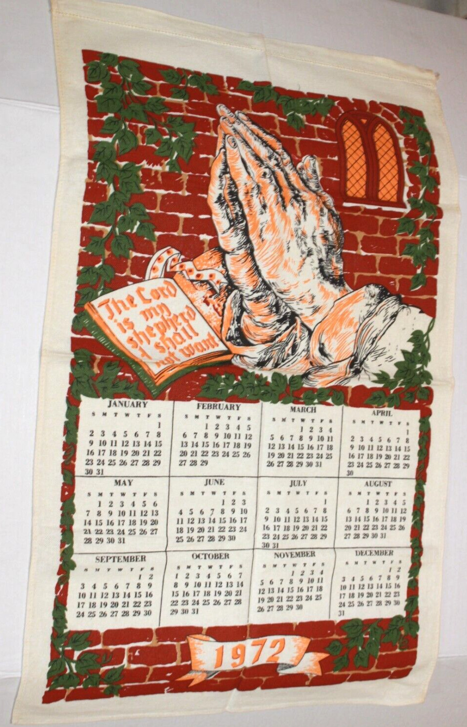 Linen Kitchen Calendar Towel 1972 Praying Hands