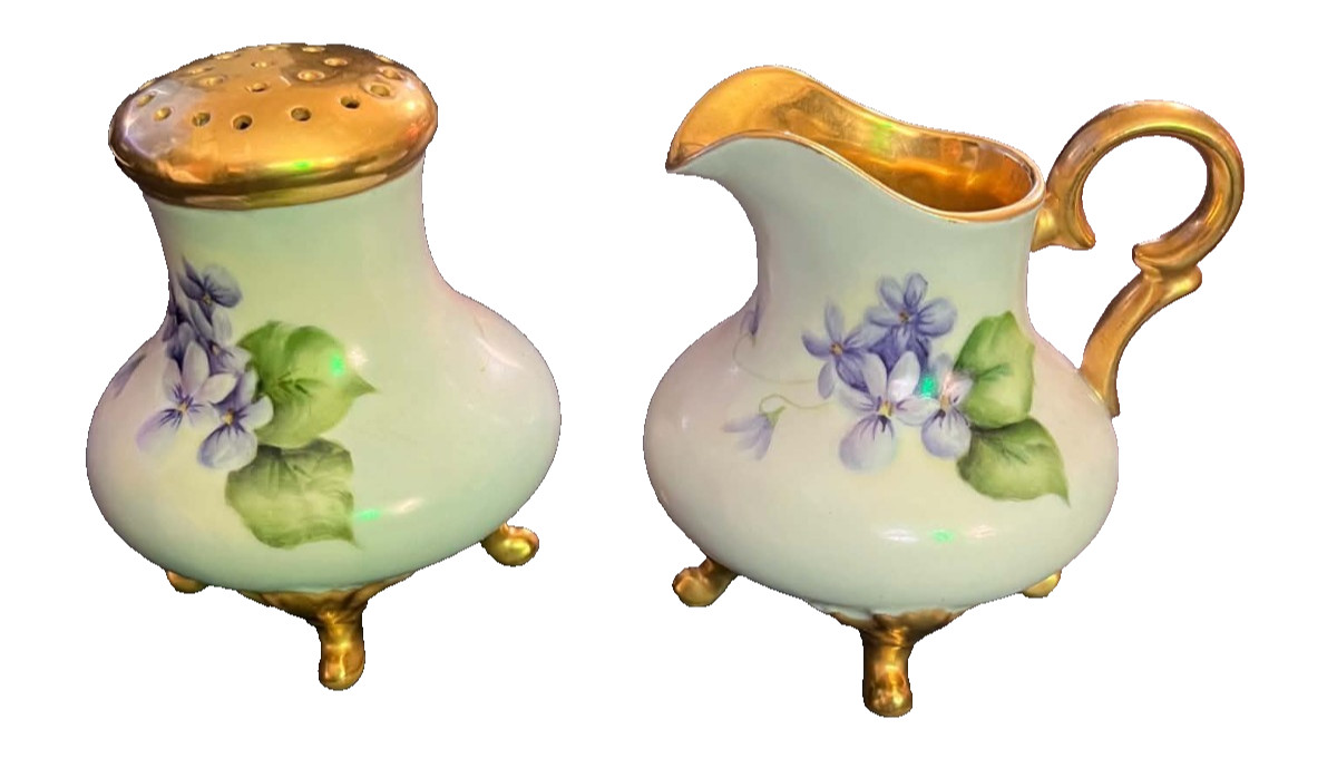 Antique Hand Painted Porcelain Creamer Sugar Shaker Set Violets Gilt Tripod