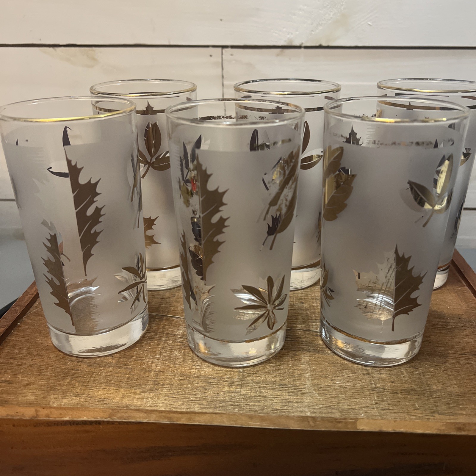 8 Vintage Libbey GOLDEN FOLIAGE Leaves Frosted Glass 12oz Tumblers 5.5