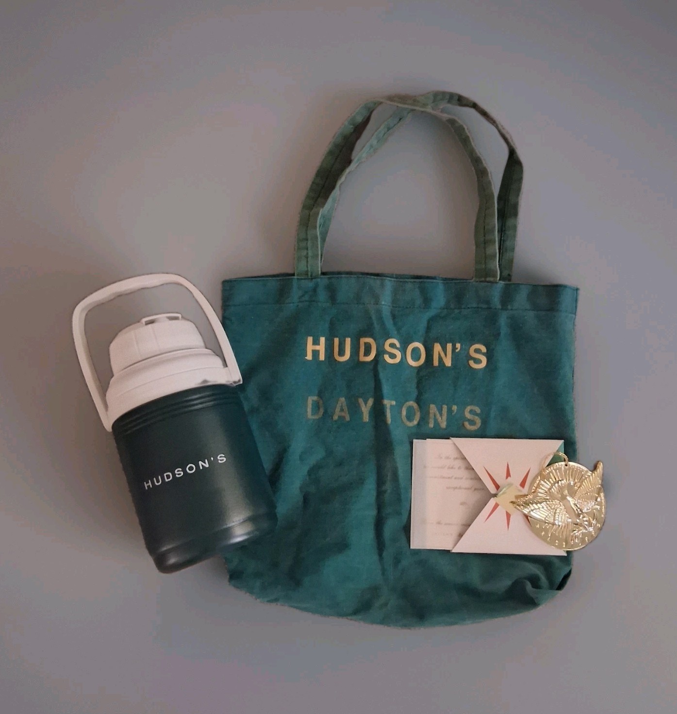 VTG Hudson's Dept Store Employee Lot - 91 Peace Ornament, Canvas Tote & Thermos