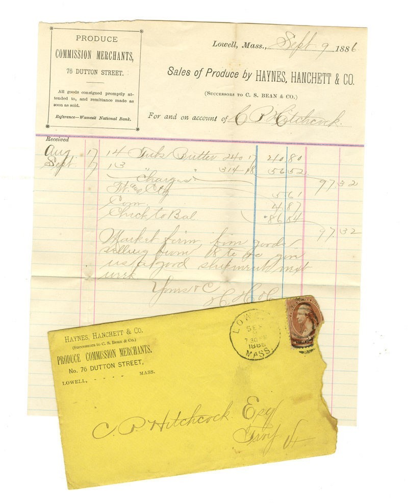 1886 antique HAYNES HANCHETT PRODUCE lowell ma ENVELOPE RECEIPT LETTERHEAD paper