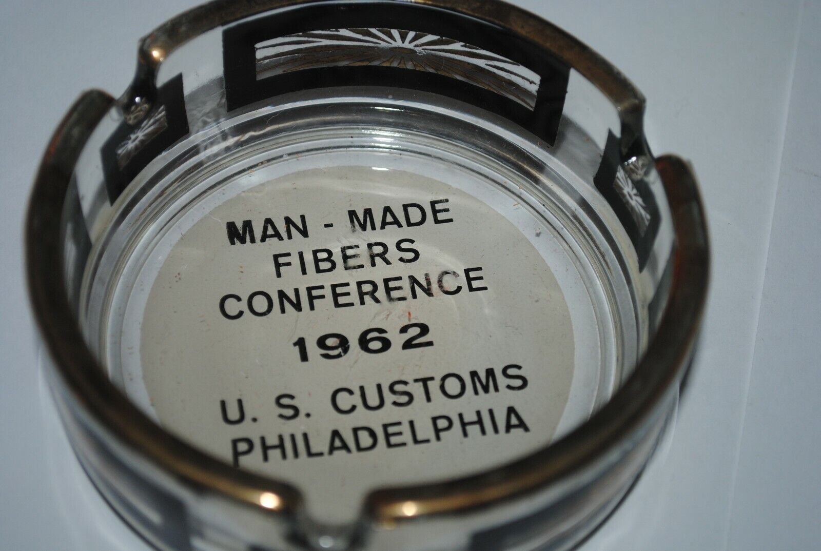 1962 U.S. Customs glass ashtray, Man-Made Fibers Conference, Philadelphia, EX