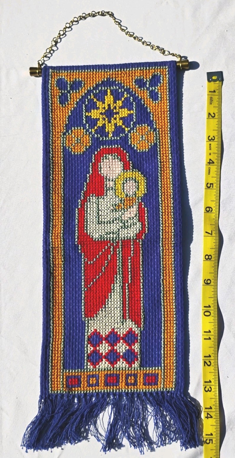 VTG - HAND EMBROIDERED WALL HANGING - MADONNA AND CHILD - INCLUDES HANGER 15