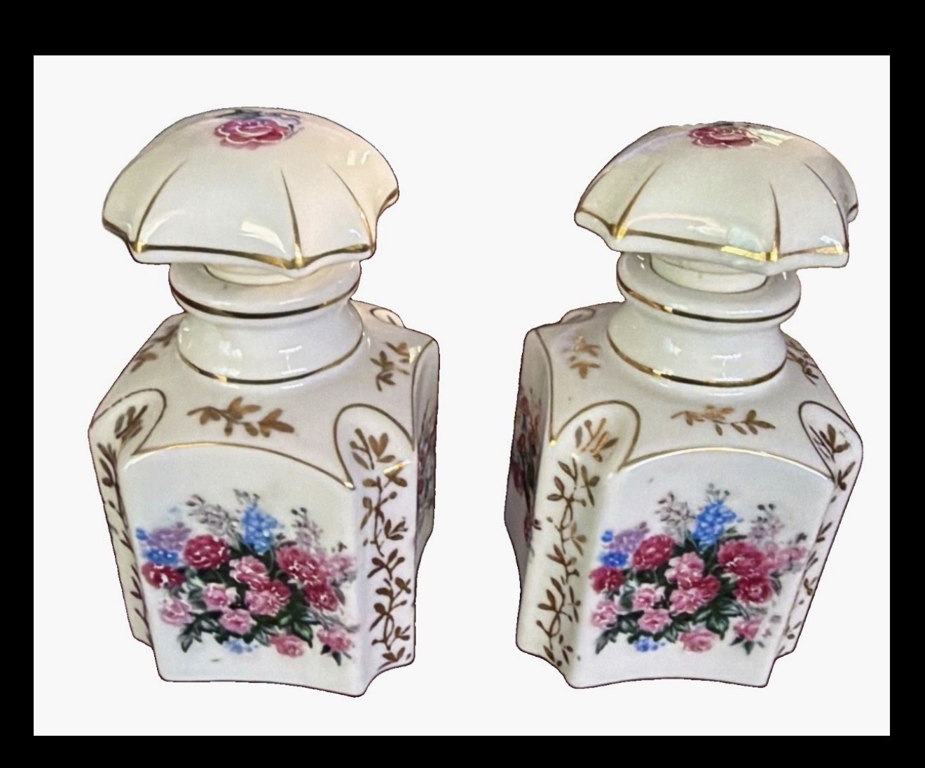 Vintage Floral Porcelain Empty Perfume Bottles with Stoppers Gold Trim Pair