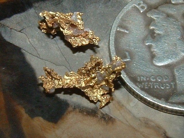 2 CRYSTALLINE GOLD SPECIMENS .4 GRAM NATURAL GOLD AND QUARTZ