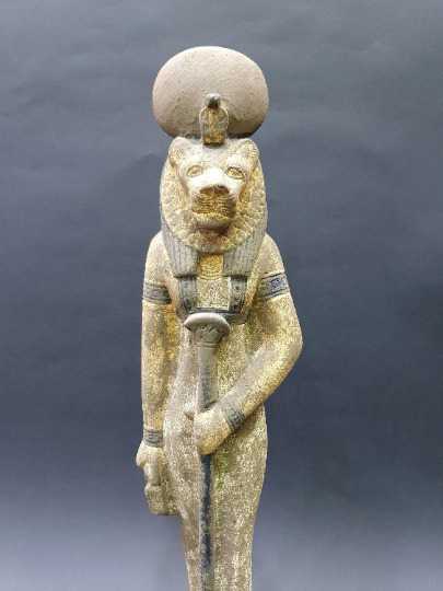 Unique Egyptian Handmade Sekhmet Heavy Limestone Statue Holding WAS & ANKH