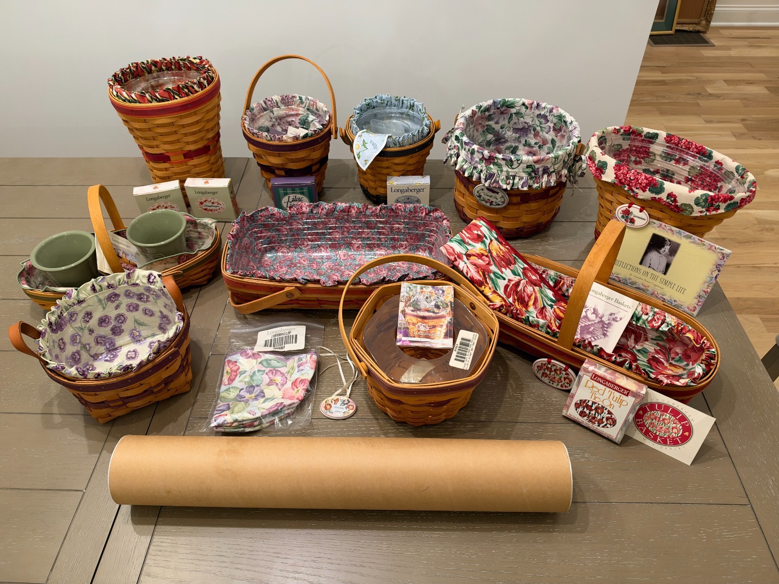 Longaberger May Series Basket Lot 10 Years 1991-2002 Liners Protectors Tie-Ons