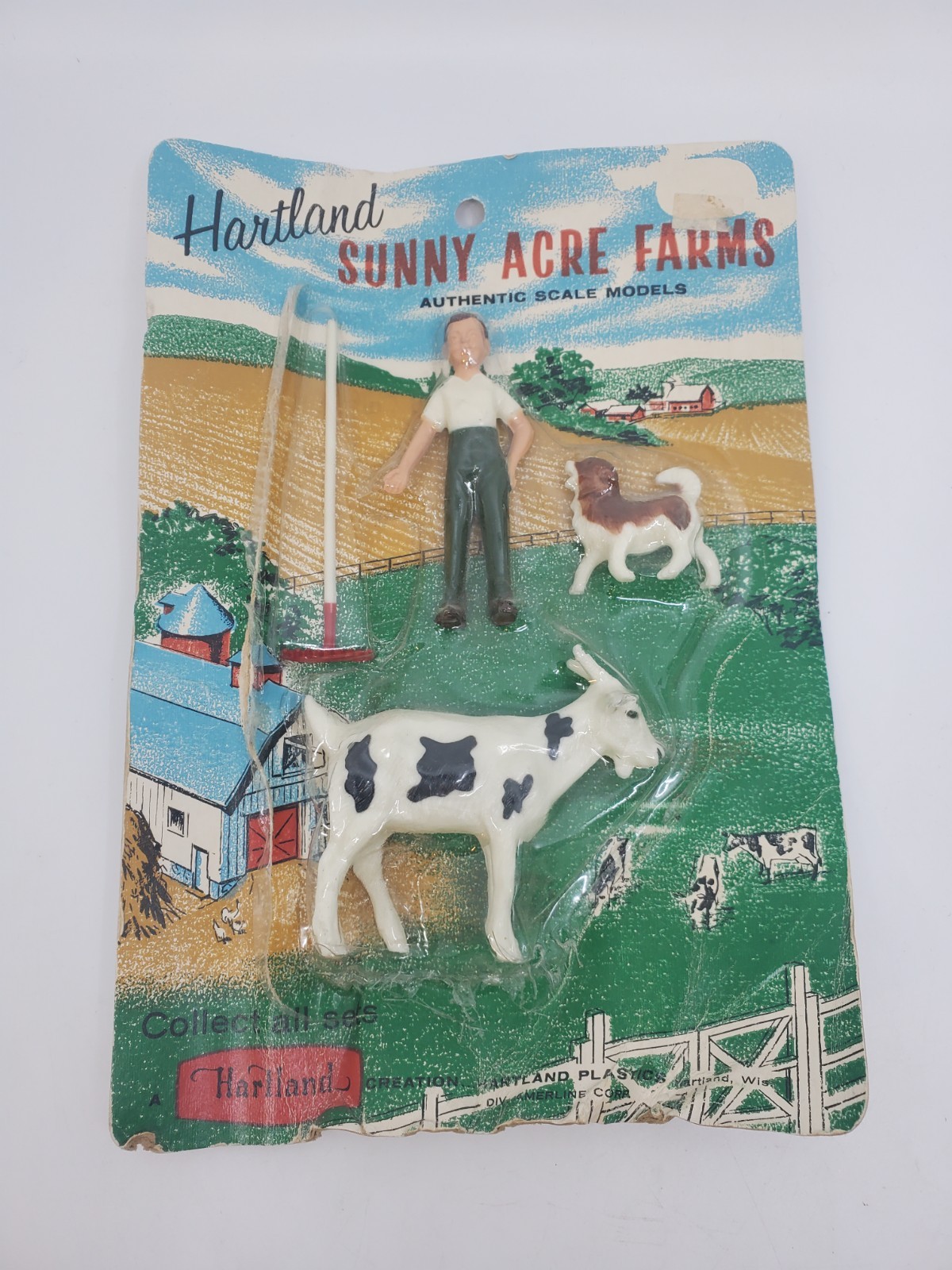 Vintage Hartland Plastic Vintage No 708 Sunny Acre Farmer's Son Dog Goat On Card