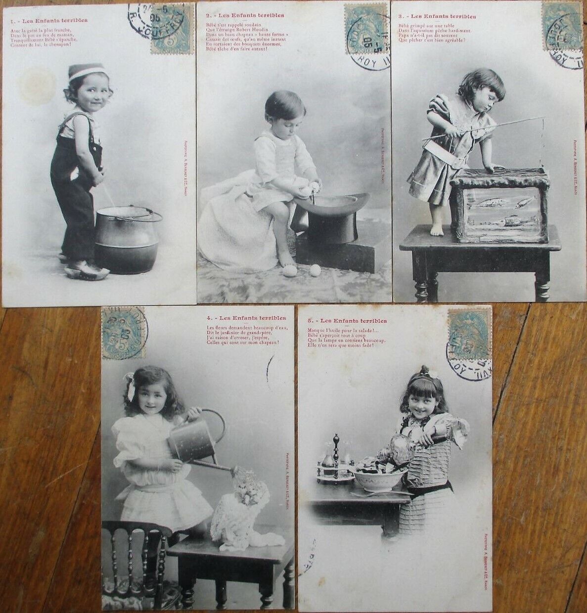 Children Doing Naughty Things 1905 SET OF FIVE Bergeret French Fantasy Postcards
