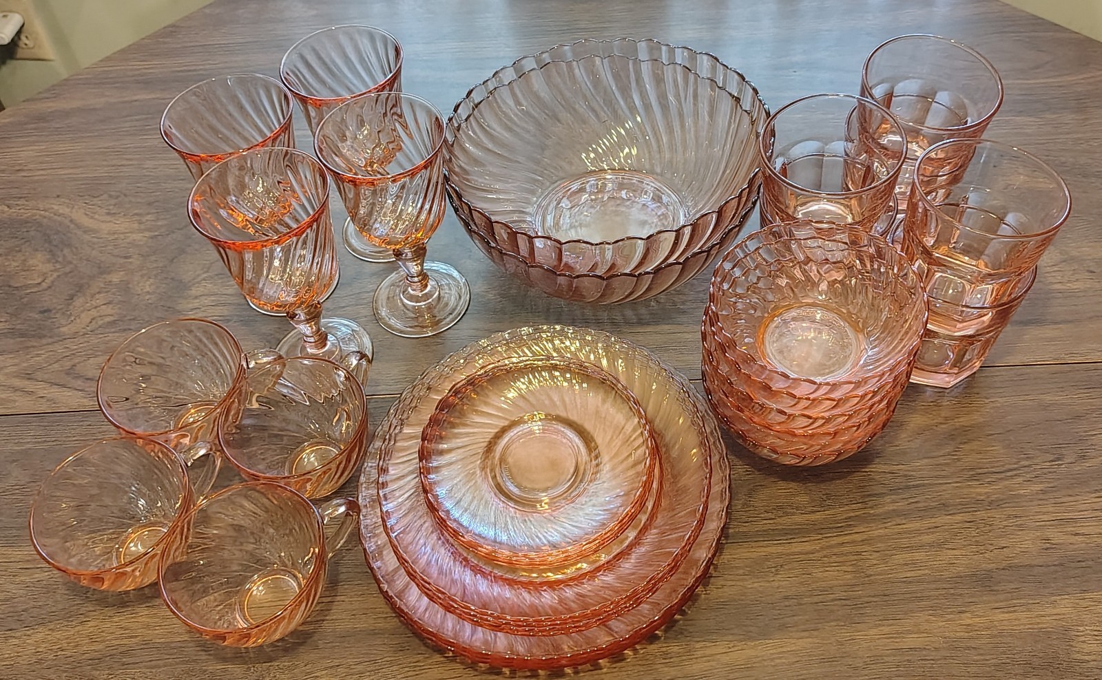 vintage Rosaline Pink Swirl glassware and dinnerware by Arcoroc 34 Piece Set