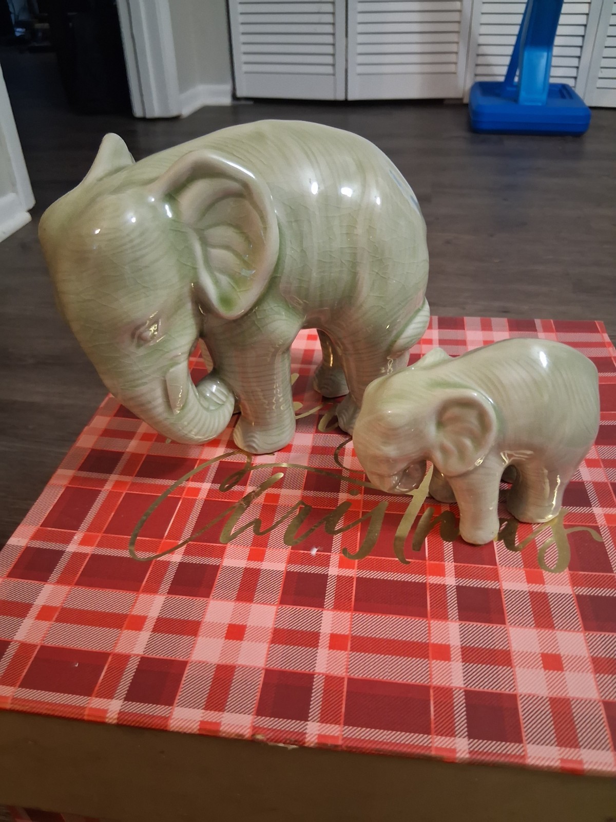 Vintage Mother/Baby Green Celagon Elephant Sculptures