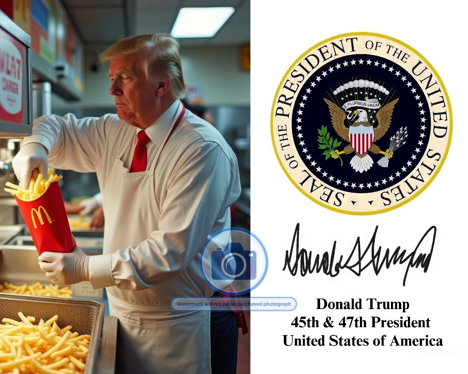 PRESIDENT DONALD TRUMP WORKING AT McDONALDS PRESIDENTIAL SEAL 8X10 AI PHOTO