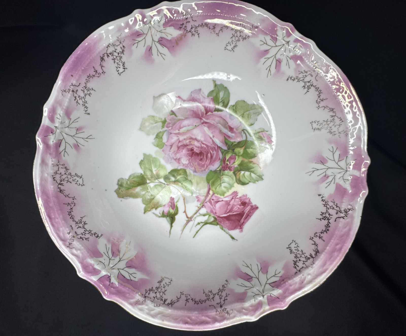 Antique German Porcelain Pink Rose Serving Bowl Gold Trim Victorian Collectible