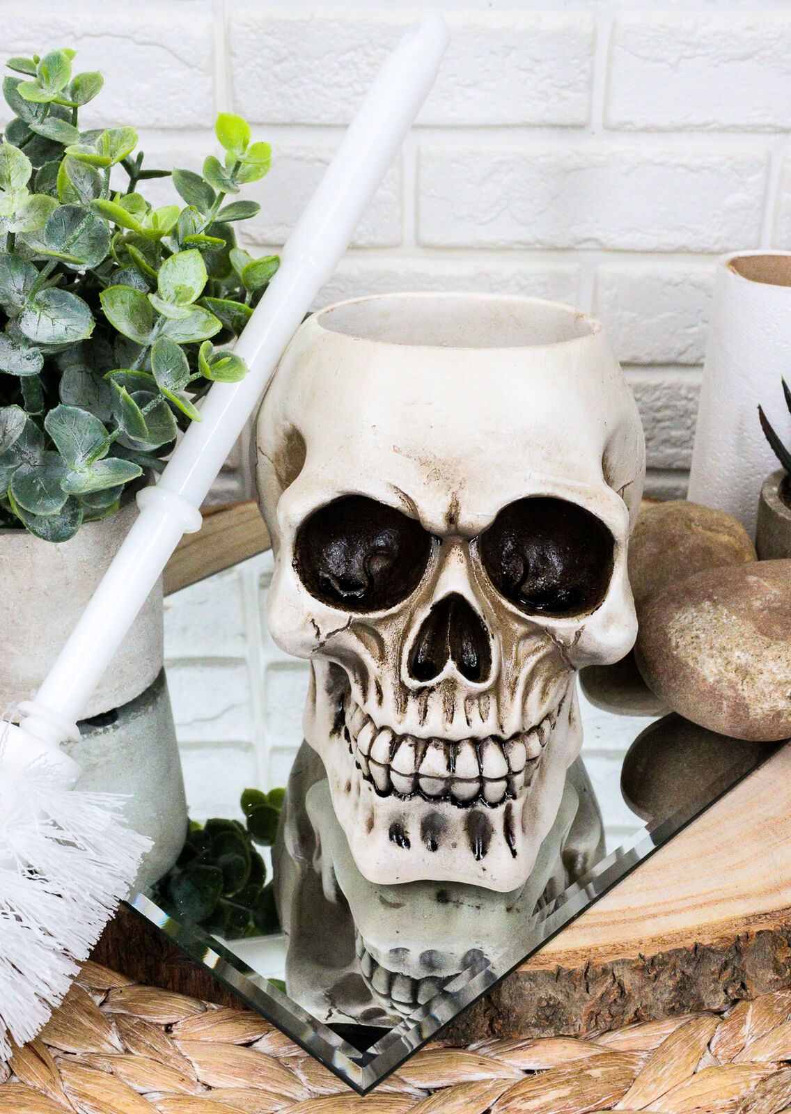 Ebros Gift Skull Head Resin Figurine Toliet Brush Holder Halloween Decor
