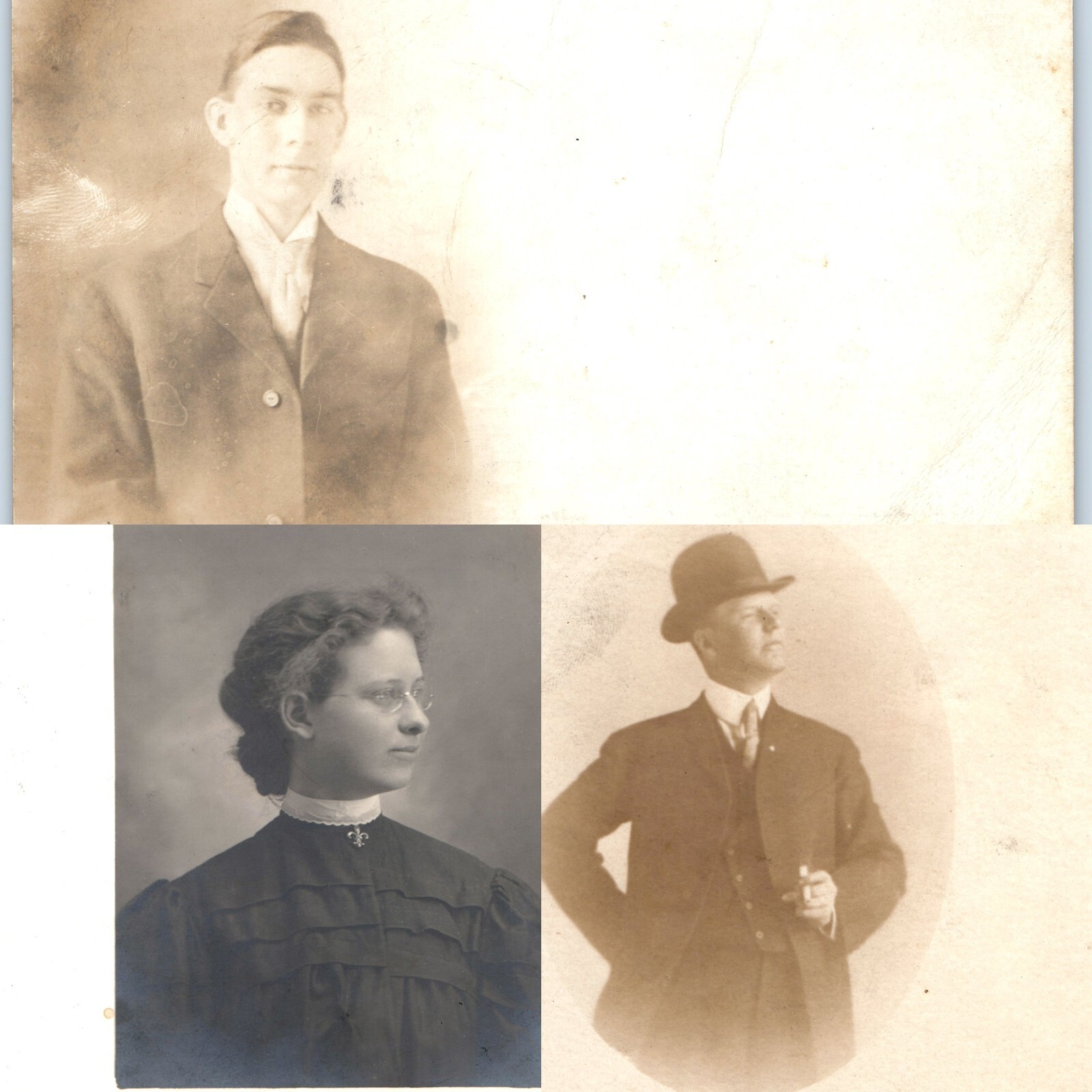 x3 LOT c1900s Half Front RPPC Man Woman Portrait Undivided Back Photo Postcards x3 LOT c1900s Half Front RPPC Man Woman Portrait Undivided Back Photo Postcards