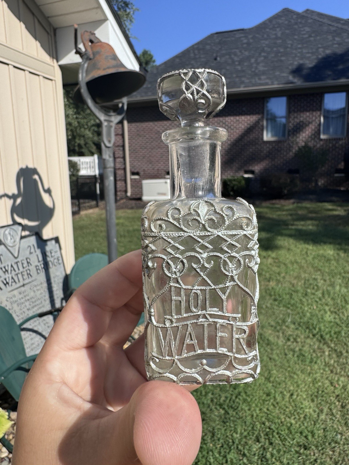 1800s GLASS HOLY WATER BOTTLE WITH SILVER METAL FILIGREE