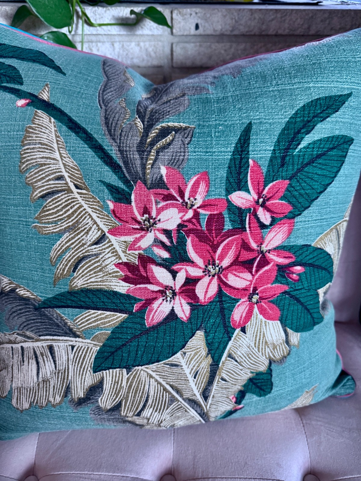 Plumeria & Banana Leaf HAWAIIANA Hollywood Glam Barkcloth Vintage Pillow Cover