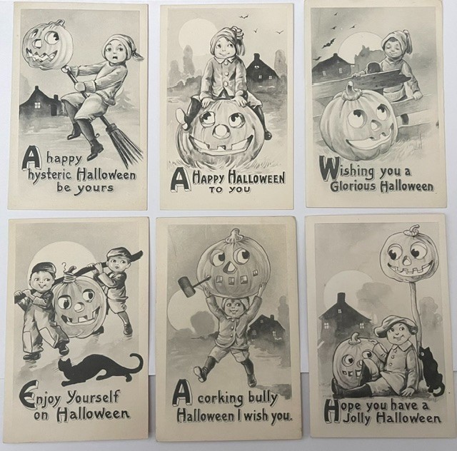 Postcard Halloween S. Bergman Series 9029 Black and White Complete Set of 6