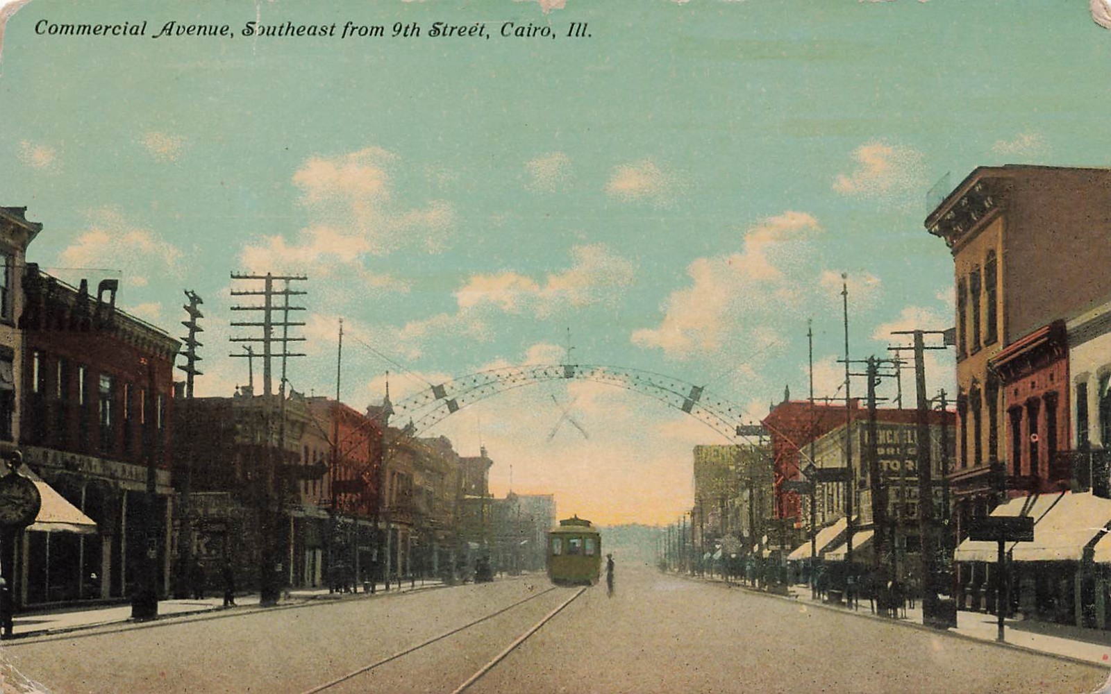 Cairo Illinois Trolley & View of Hustlers Arch on Commercial Ave c1910 Postcard