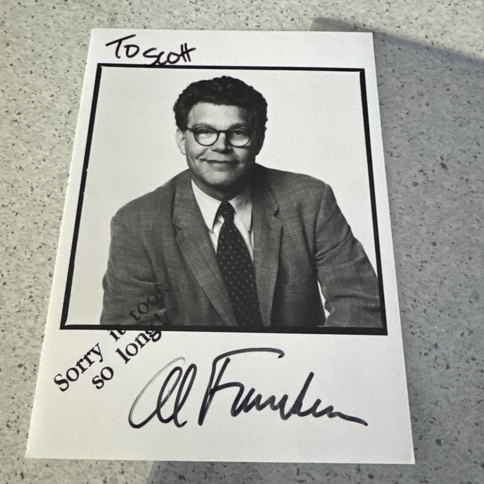 Al Franken  vintage signed Black Sharpie 5x7 photograph B&W Inscribed To Scott