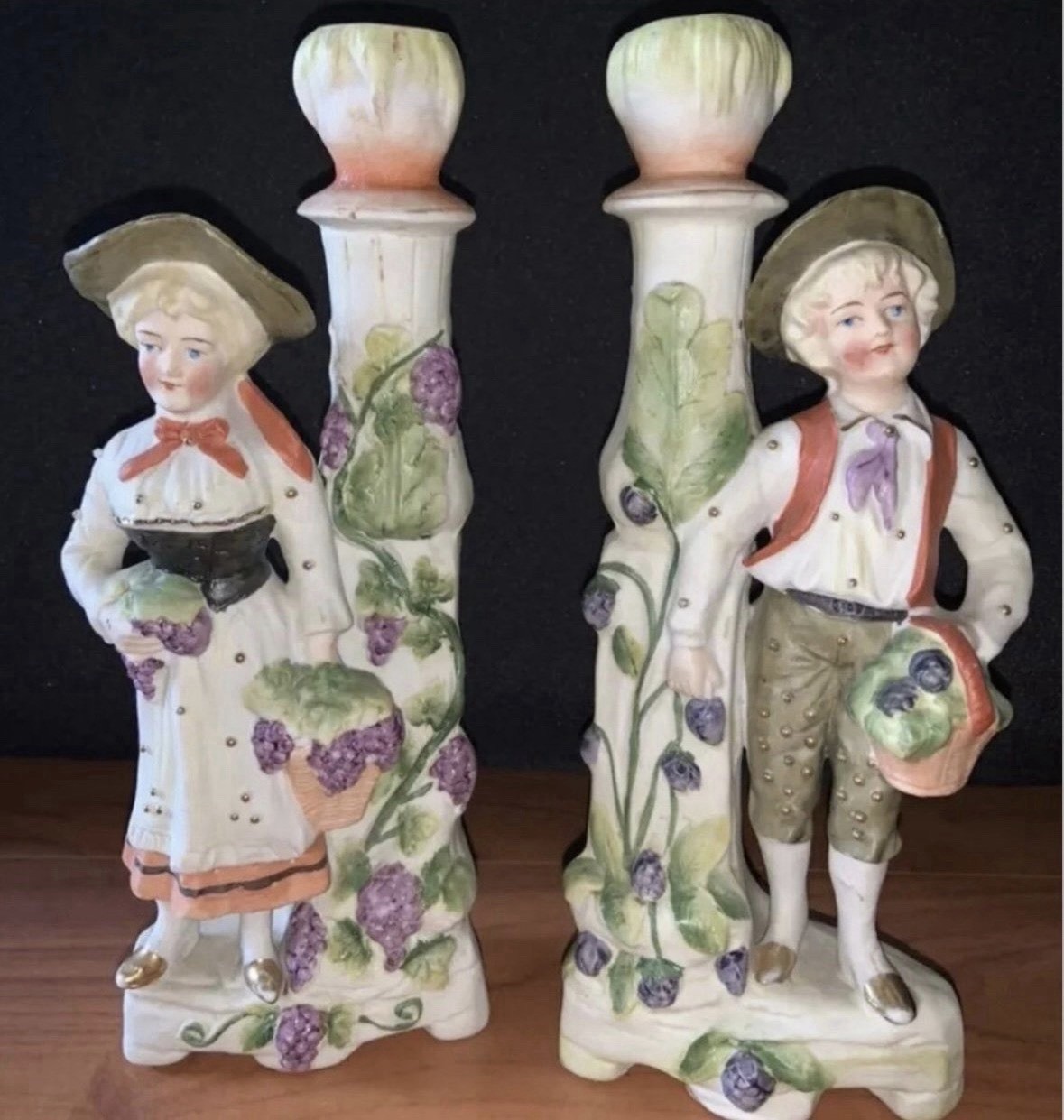 Antique German Bisque Porcelain Candlestick Pair Boy Girl Numbered 1900 - 1930