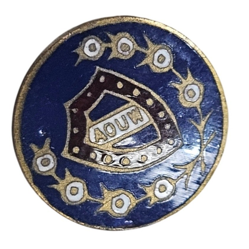 Antique AOUW Emblem Pin Brooch Blue Gold Tone Enamel Collectible