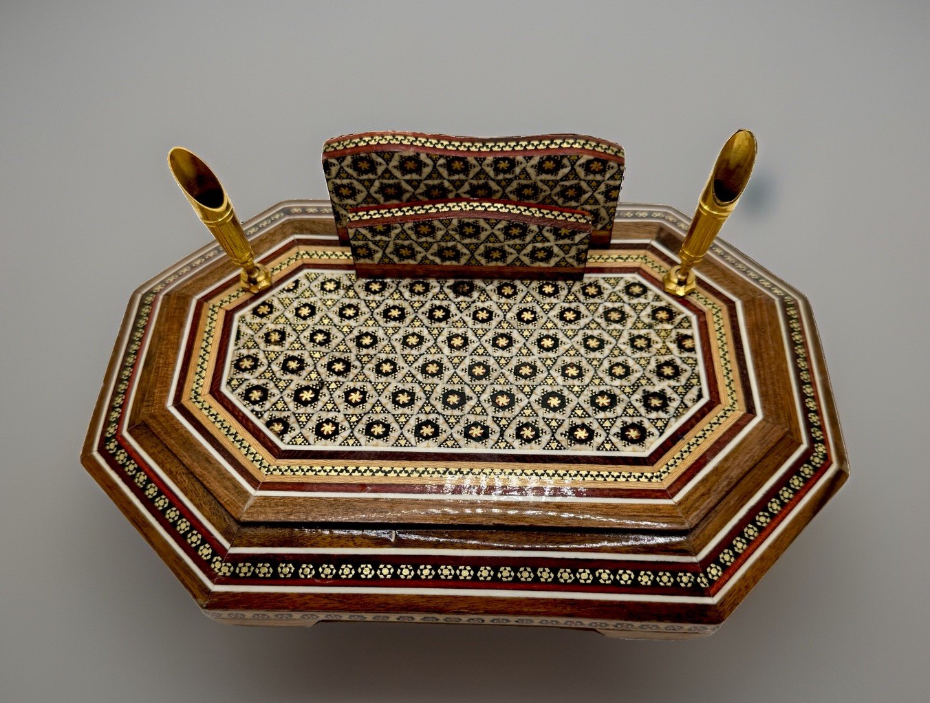 VTG Persian Hand-Painted Mosaic Inlaid Wooden Khatam Pen Desk Set Card Holder
