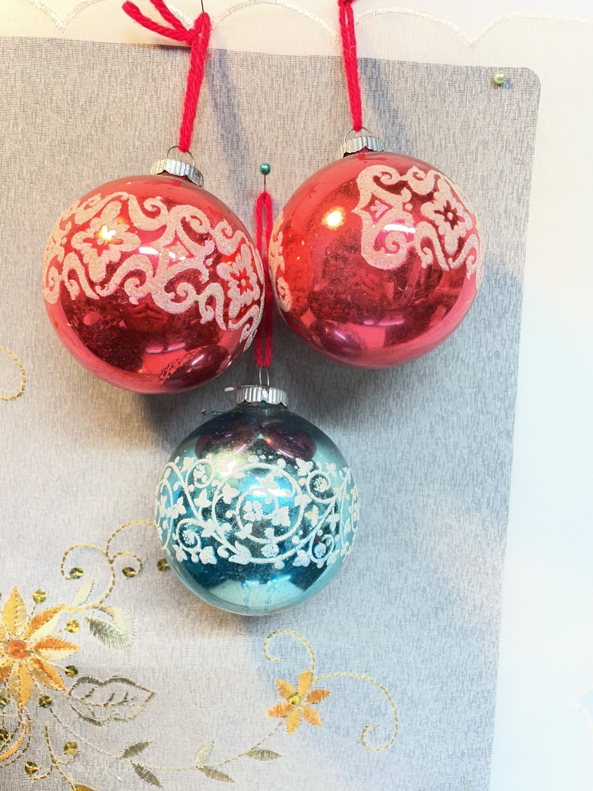 Lot of 3 Vintage Shiny Brite Ornaments, Stenciled, Mica