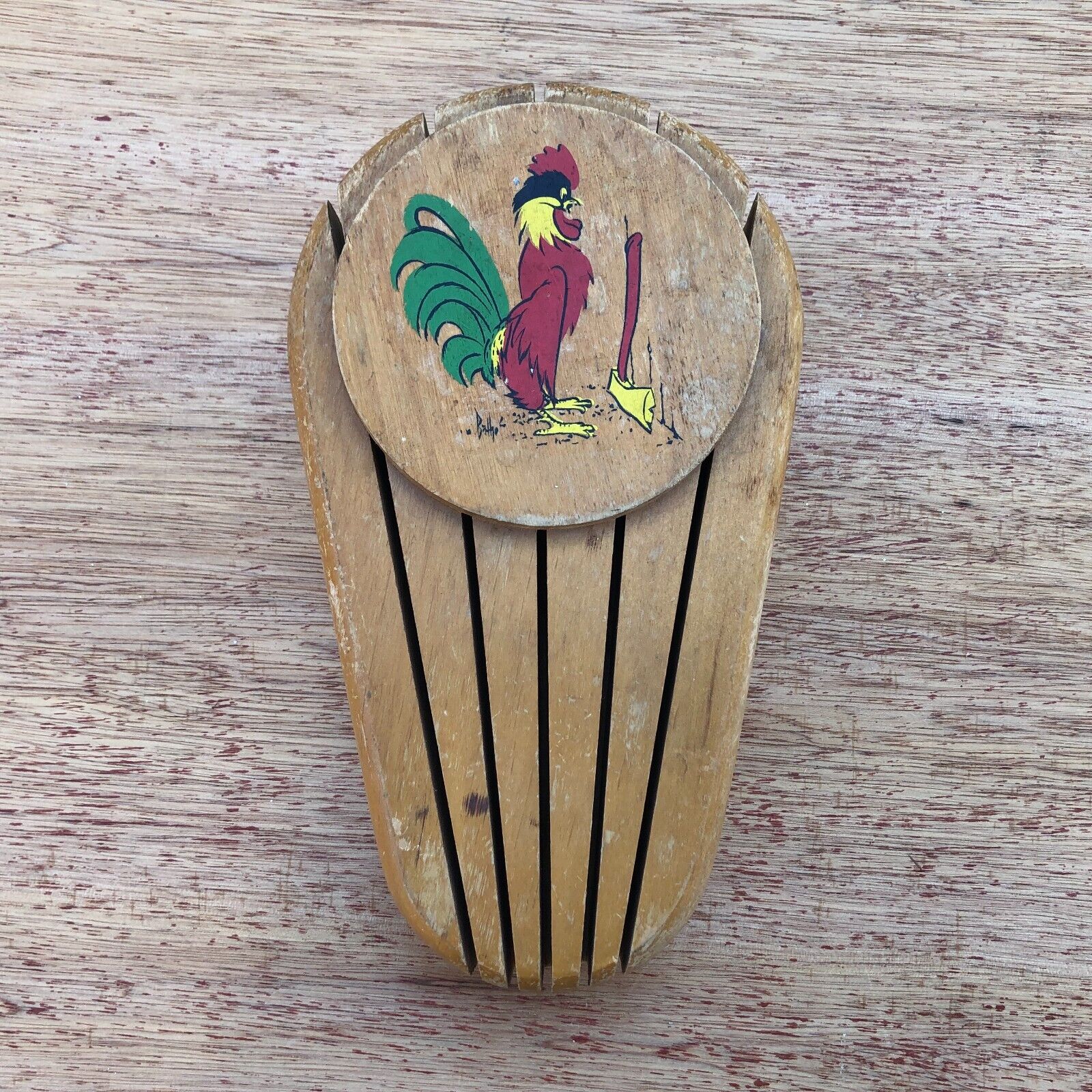 Rooster Axe Kitchen Knife Holder 5 Slot Wood Block Wall Mount Vintage Farmhouse