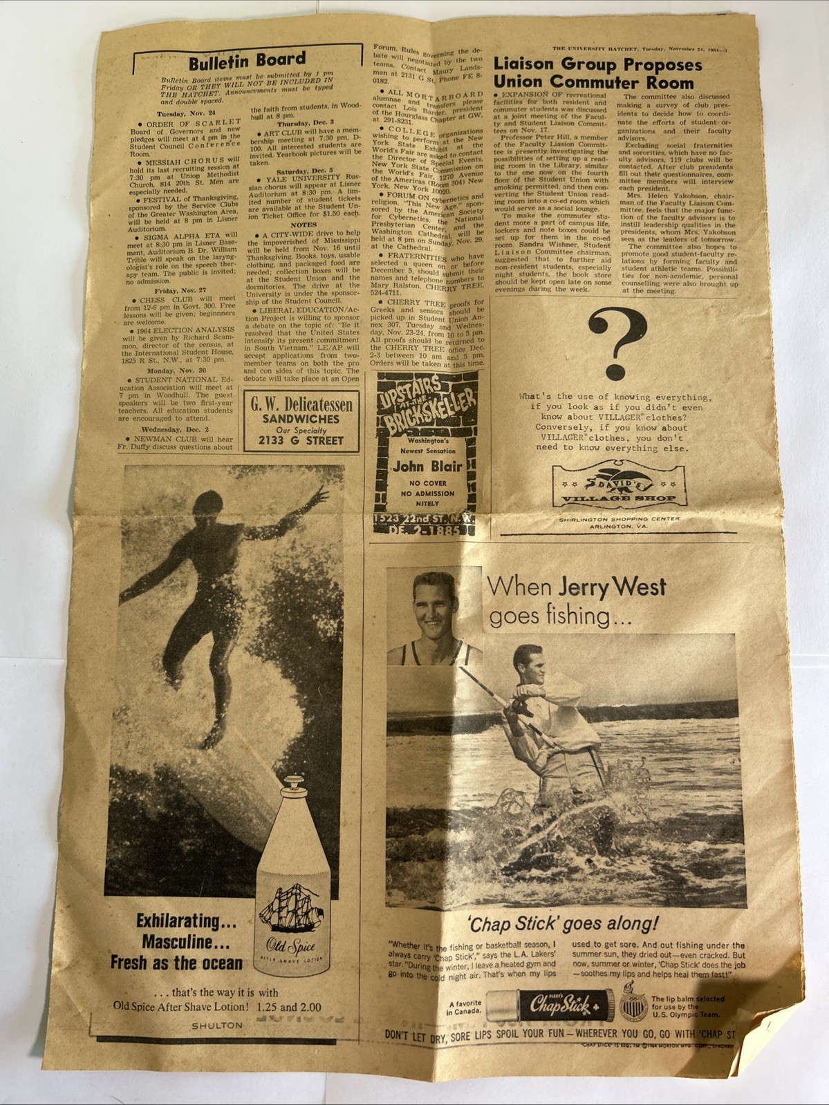 ⁠1964 Newspaper Jerry West ChapStick Ad LBJ Daughter Lynda Bird GWU Hatchet DC