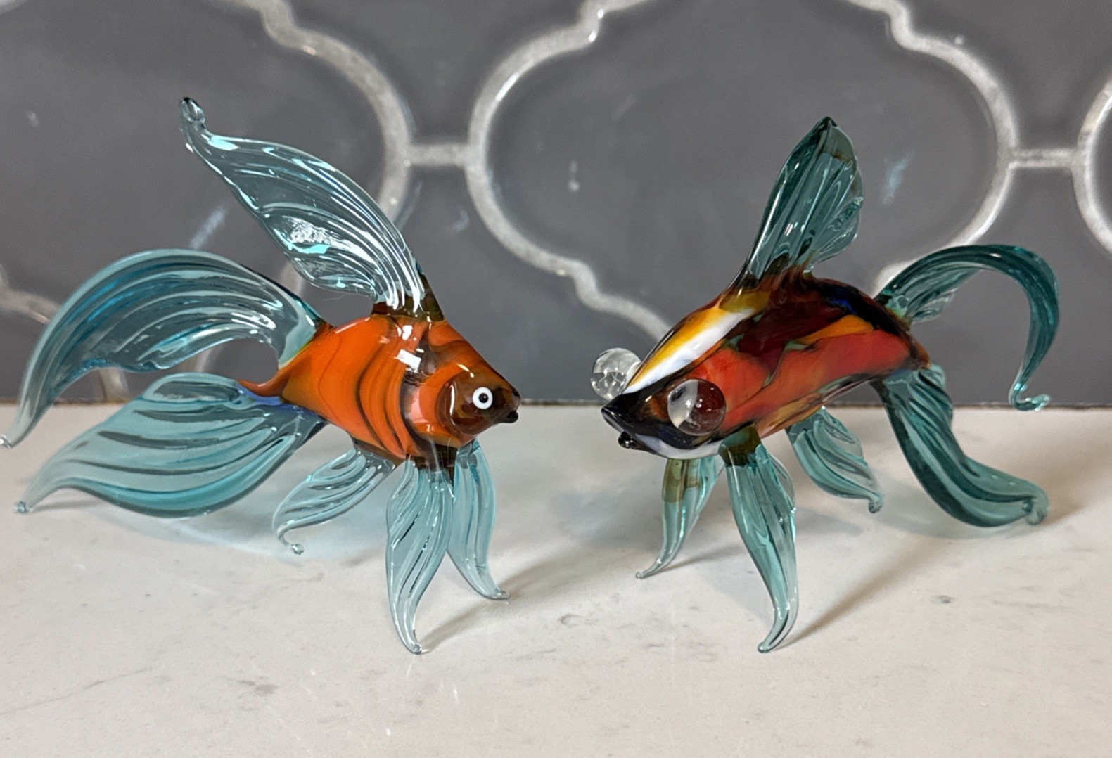 Set 2 Murano Style Glass Blown Fish Figurine Multi Color Blue Orange Bubble Eyes