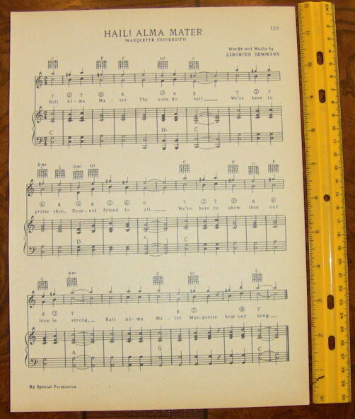 MARQUETTE UNIVERSITY Vtg Song Sheet c 1938 