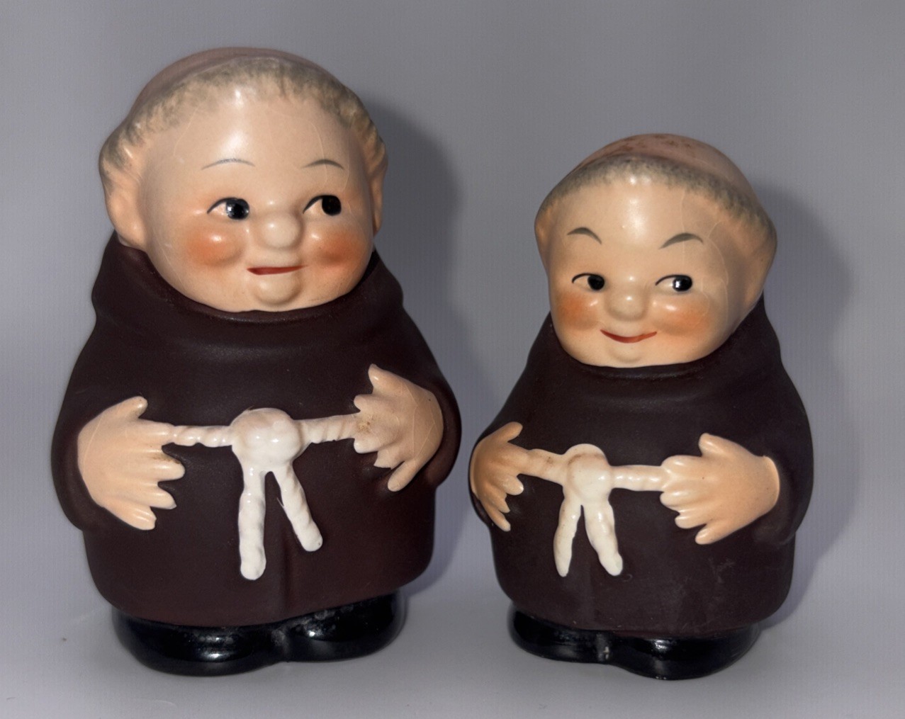 Vintage W Germany Friar Tuck Monk Salt & Pepper Shakers Figural Pair Paper Label