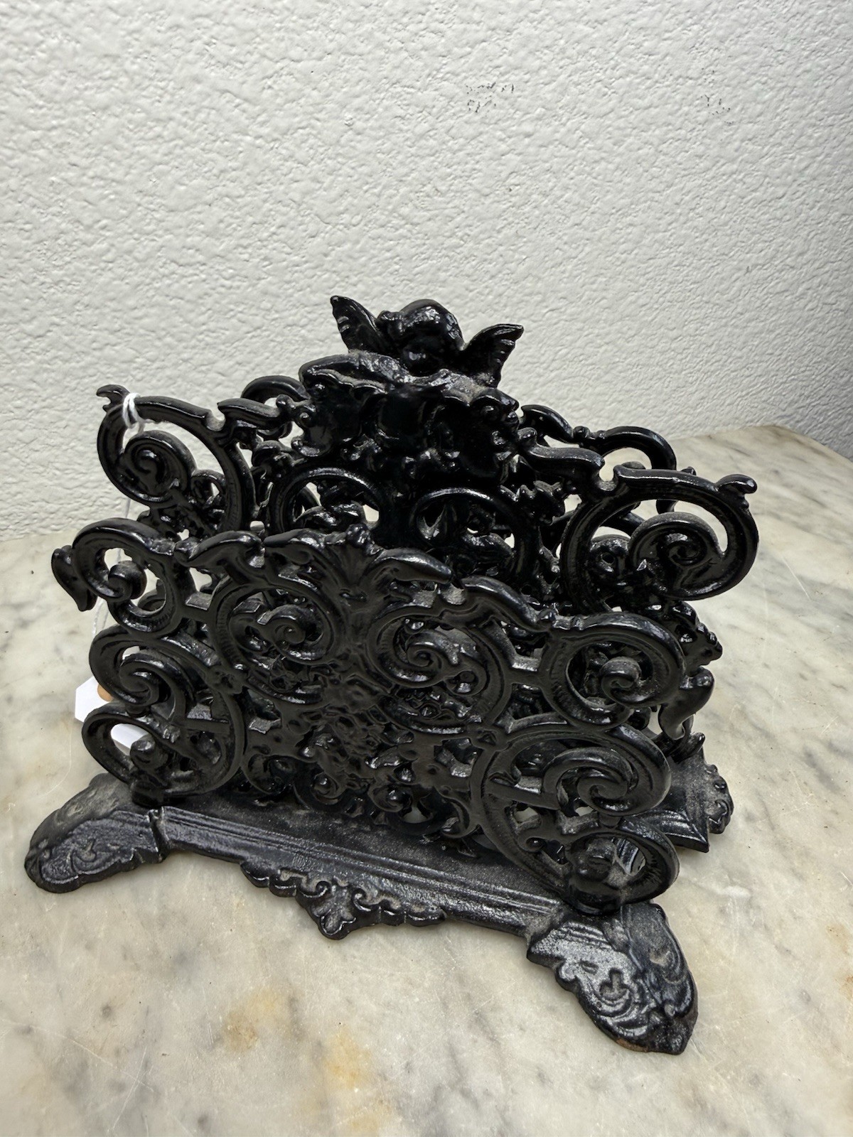 Antique Cast Iron Black Cupid Scroll Desk Organizer Mail Letter Holder Gorgeous