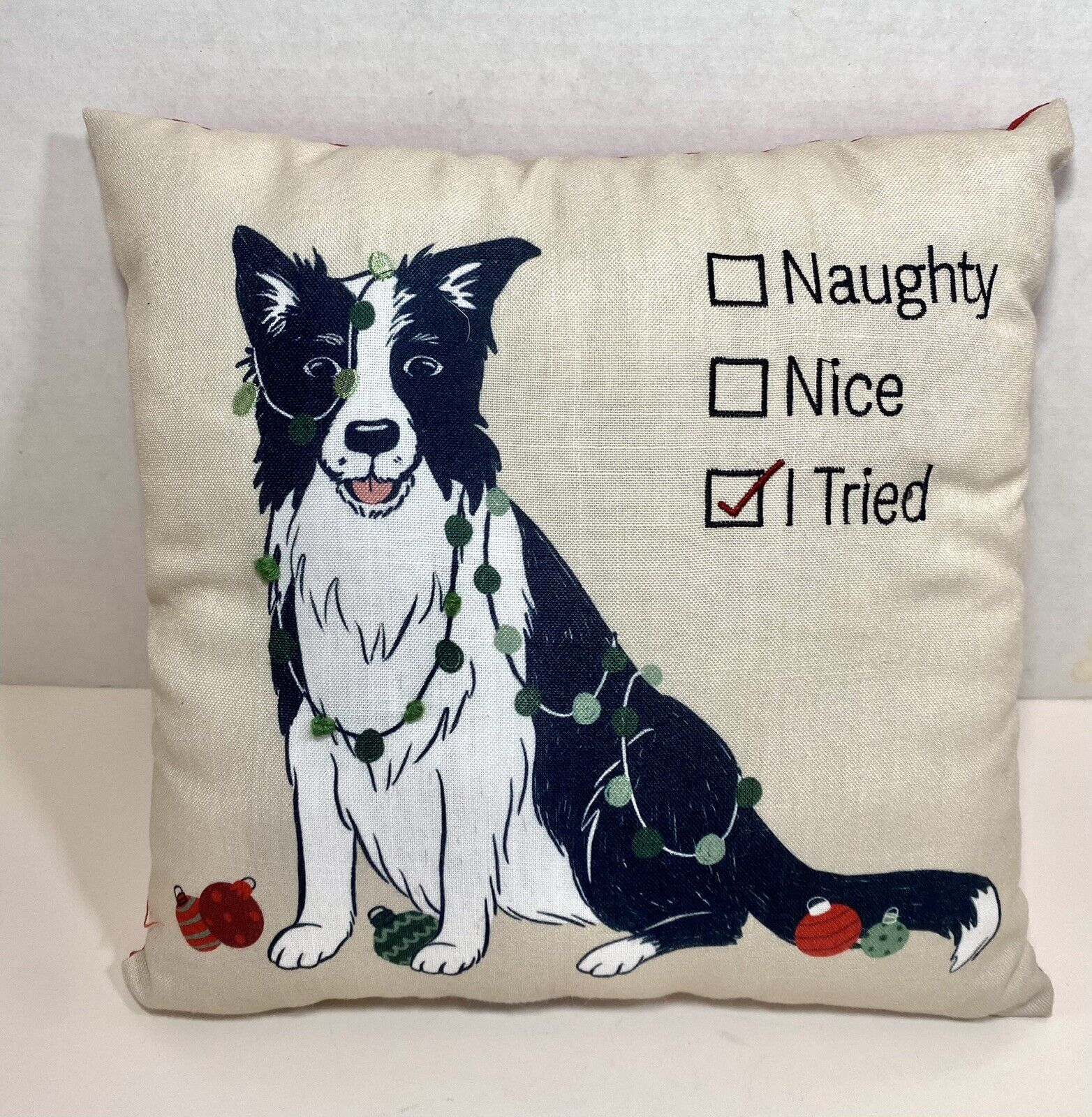 Border Collie Dog Pillow  Naughty Nice Black White Puppy 12 in Fabric