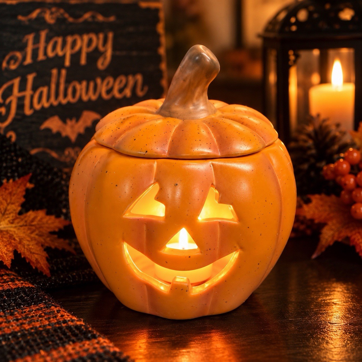 PartyLite Jack O Lantern Pumpkin Candle Holder Luminary Ceramic Halloween 4”