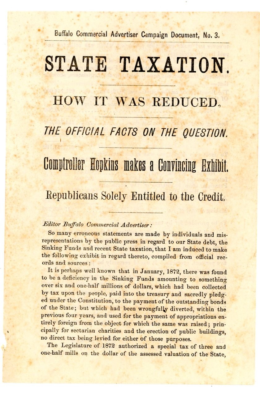1876 Election State taxation & Tilden claims Buffalo Commercial Advertiser flyer