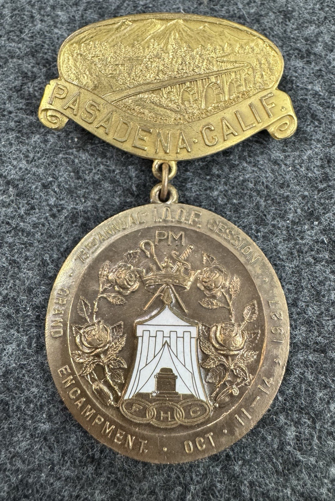 Antique 1927 Odd Fellows 73rd Annual IOOF Session Encamp. Medal Pin Pasadena CA