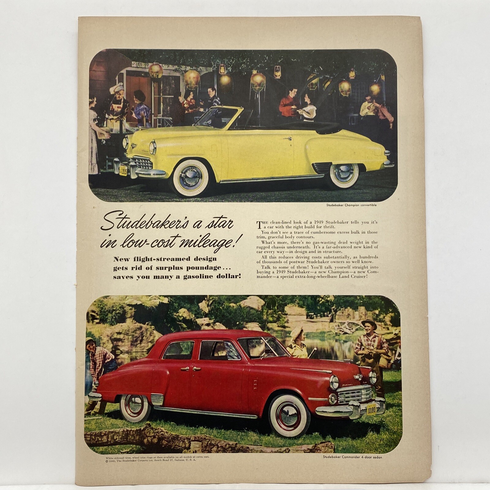 1949 Studebaker Print Ad Commander 4 Door Sedan Champion Convertible Vtg Car