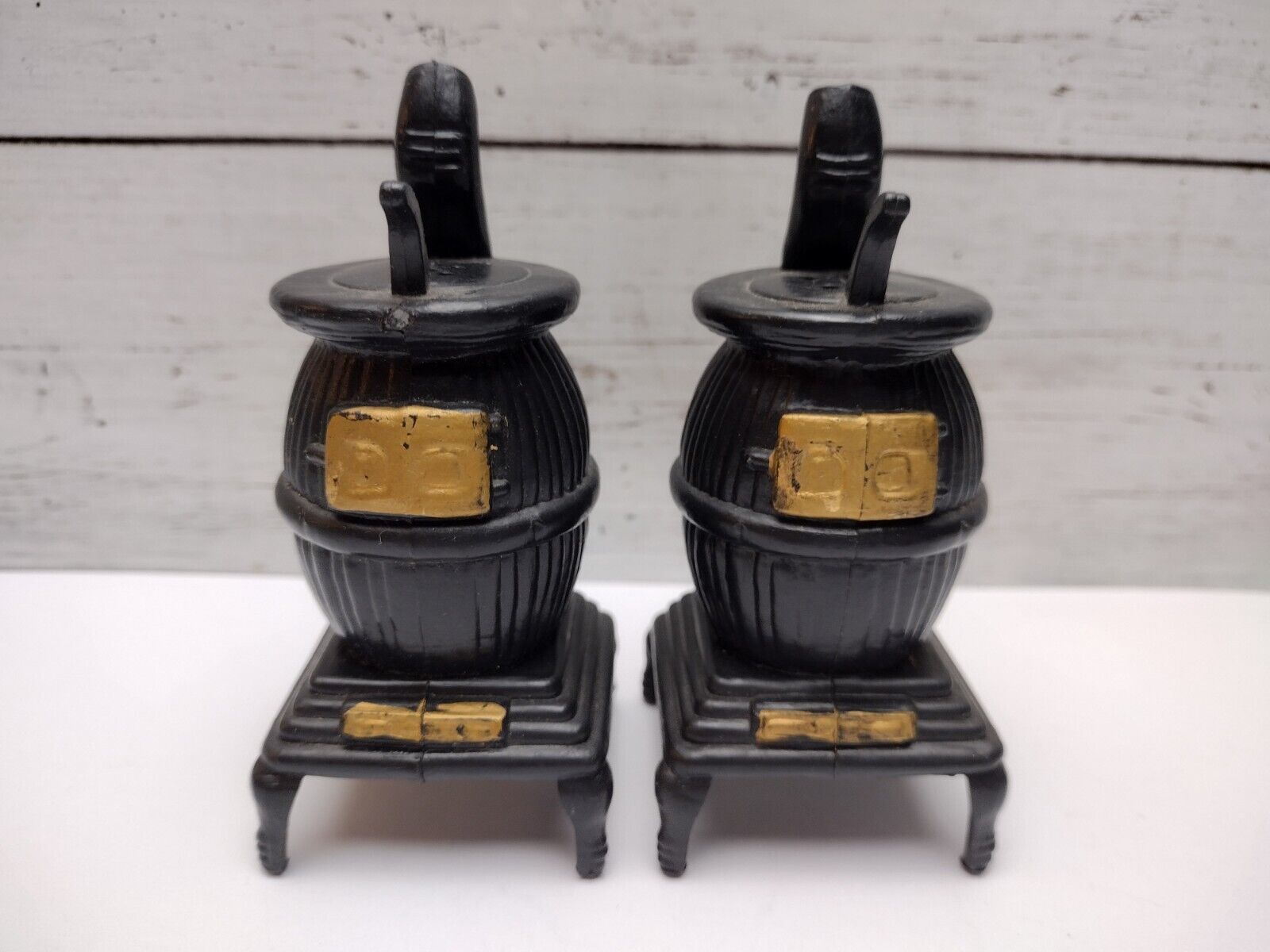 Vintage Plastic Or Celluloid Pot Belly Stove Salt And Pepper Shakers