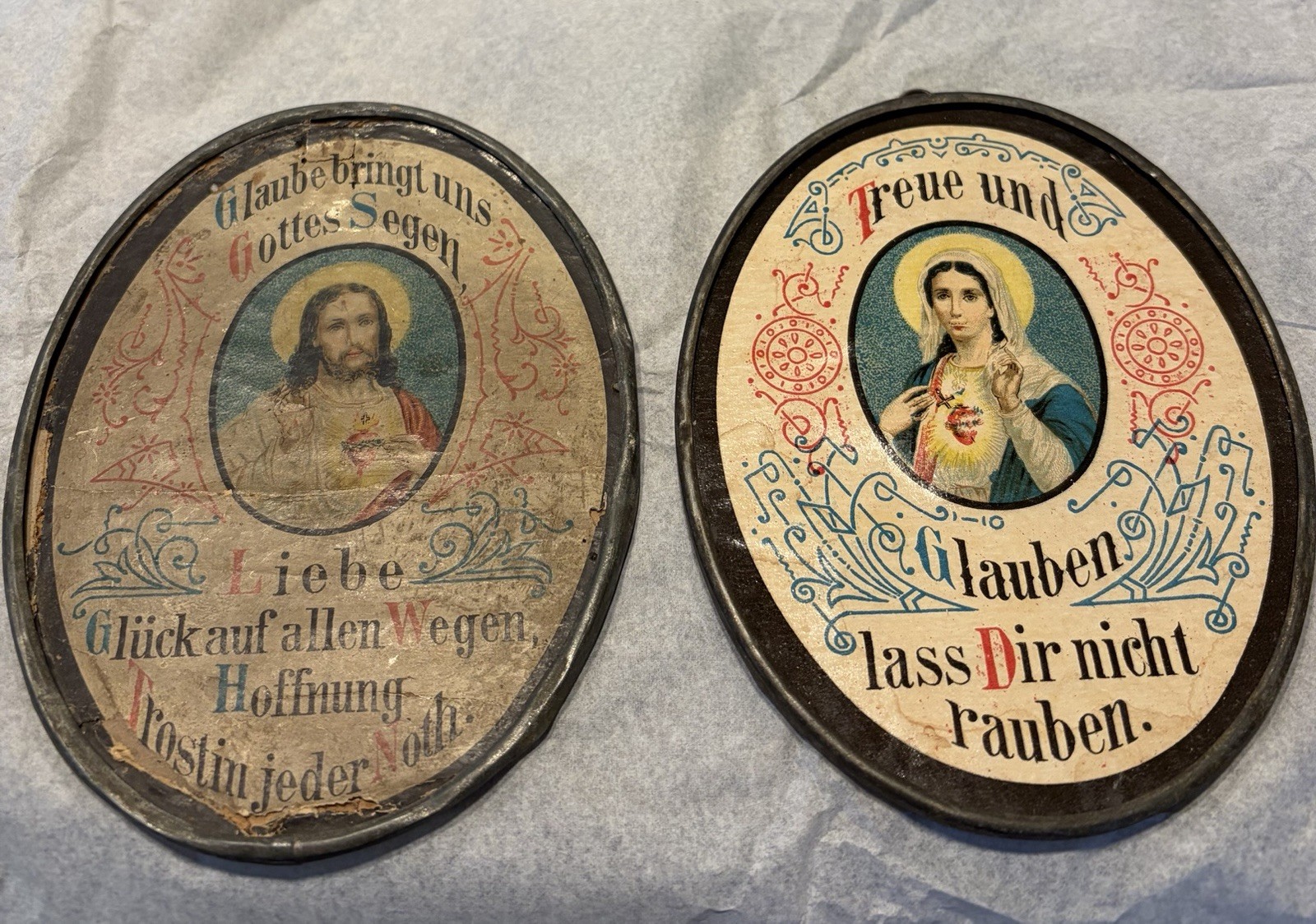 Antique Pair of German Sacred Heart Devotional Motto Plaques c.1890-1915 Antique Pair of German Sacred Heart Devotional Motto Plaques c.1890-1915