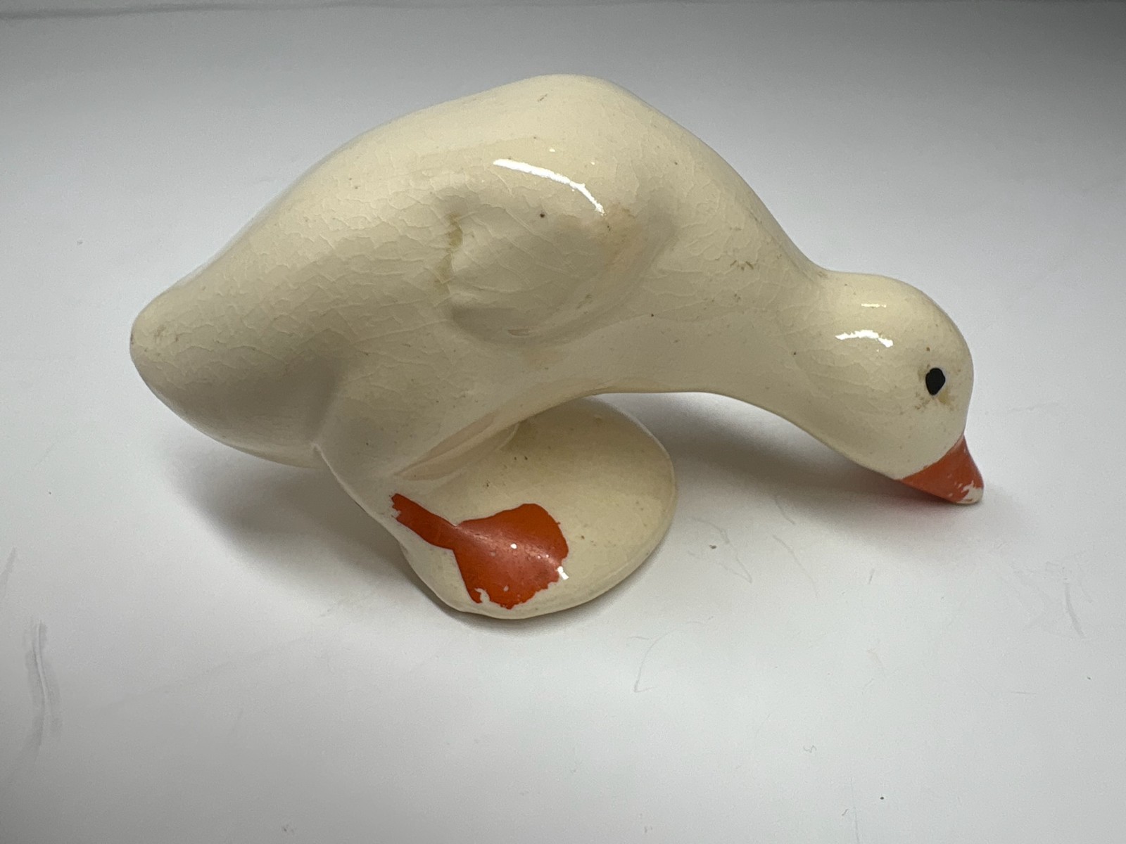 Vintage Glazed Ceramic Gosling Figurine with Crackle Finish and Orange Beak