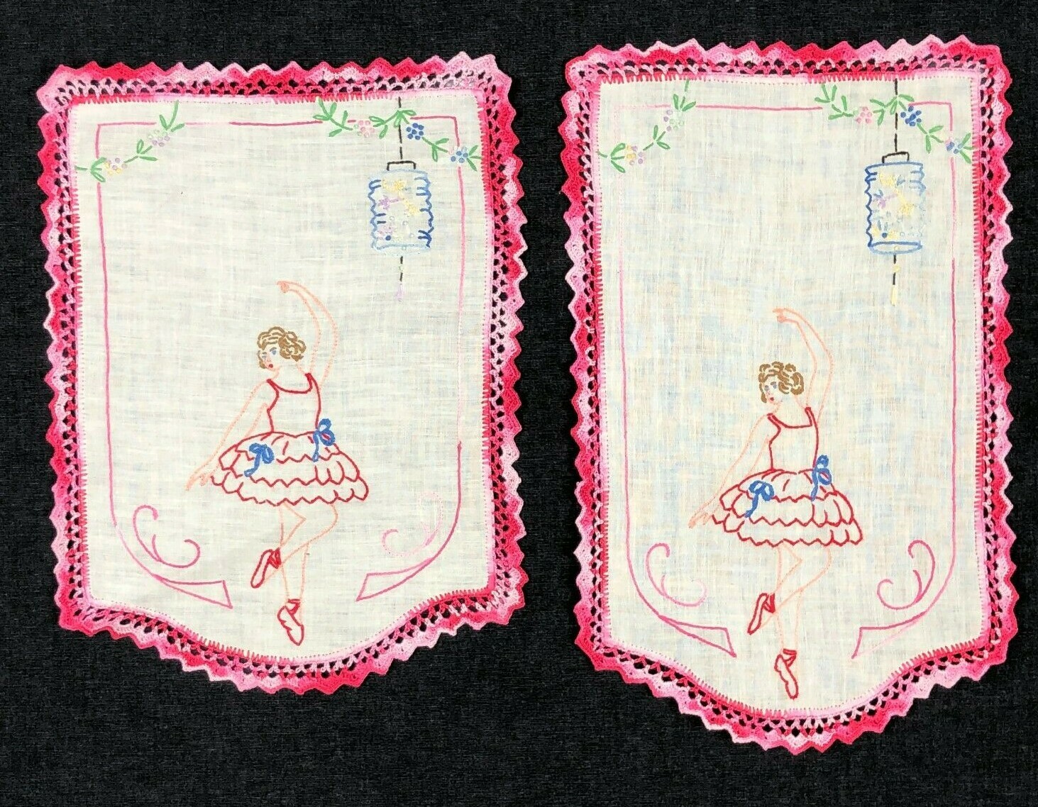 RARE Vintage SET Crochet Lace Hand Embroidered Ballerina Chinese Lantern Pink RARE Vintage SET Crochet Lace Hand Embroidered Ballerina Chinese Lantern Pink