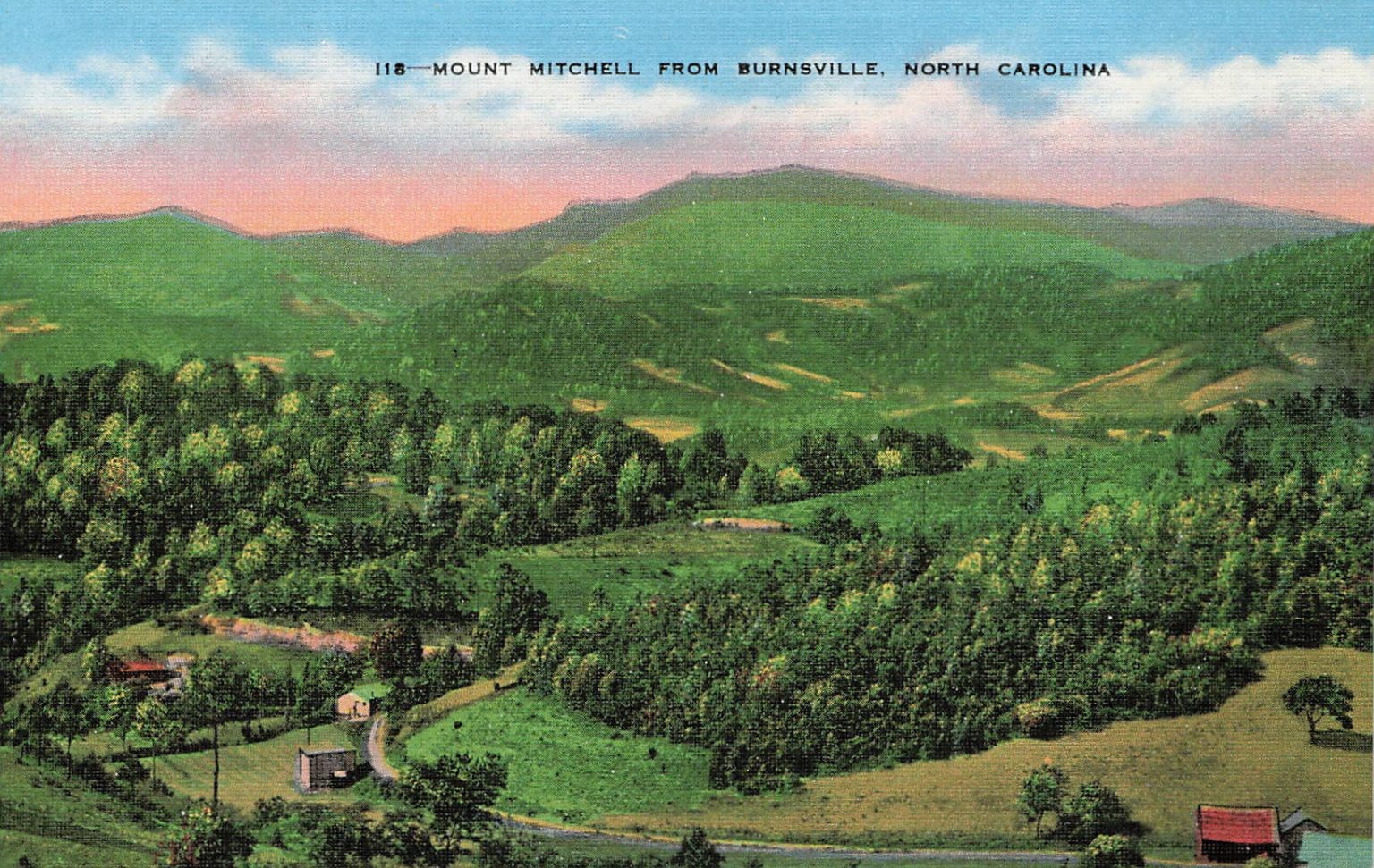 Mount Mitchell from Burnsville NC Linen Postcard Blue Ridge Parkway 1930s