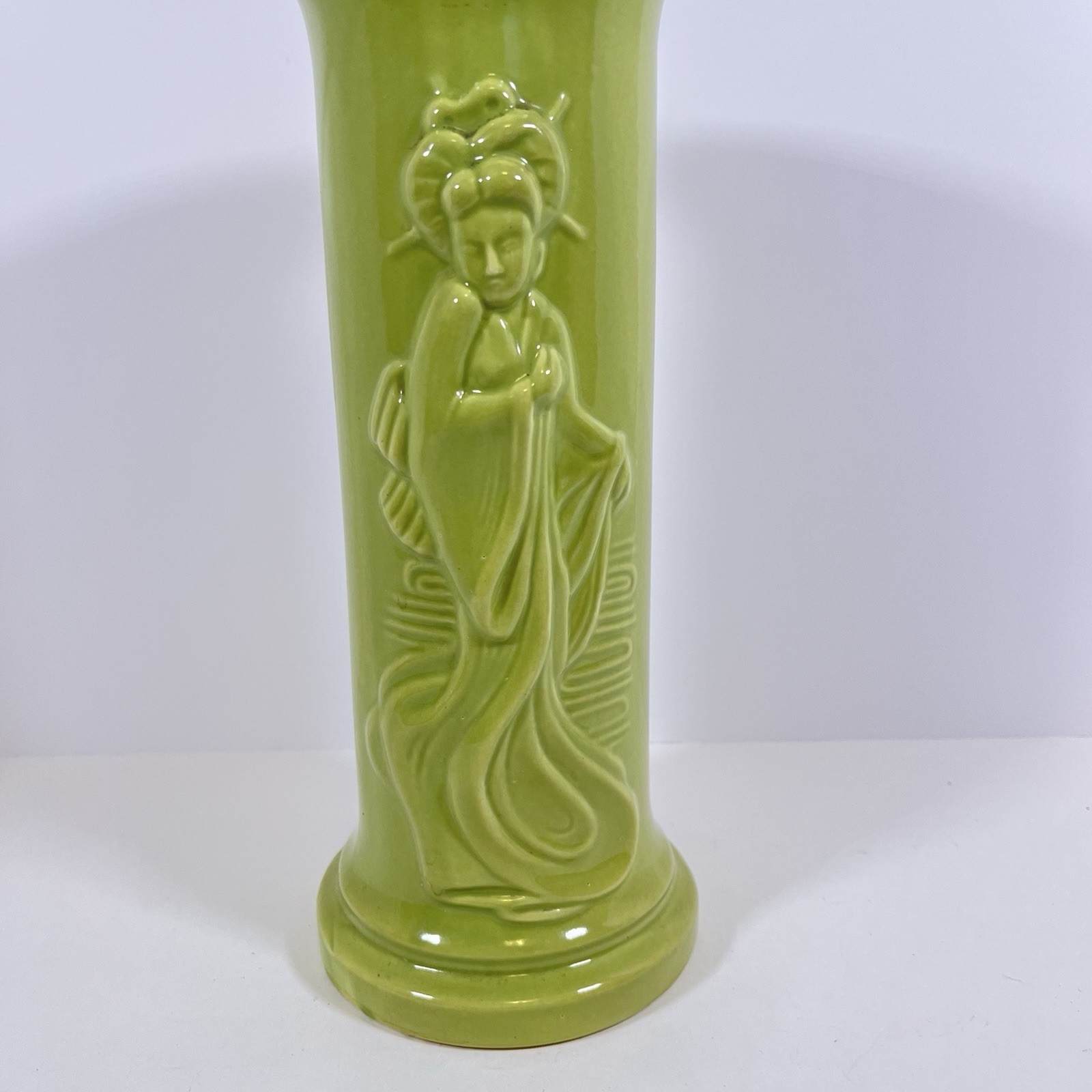 Vintage 1950 Mid Century MCM Green Art Pottery Japanese Vase Geisha 12” Rare 